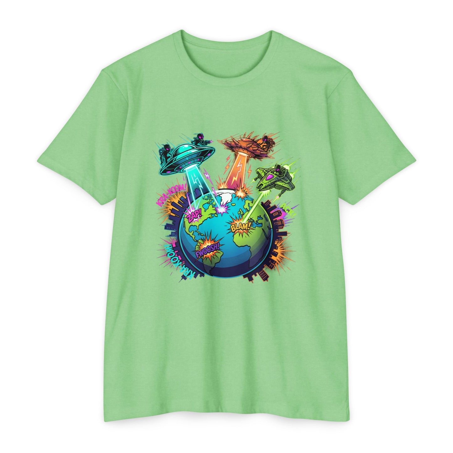 Alien Invasion Earth Graphic T-Shirt — UFOs Abducting Cities Art Tee