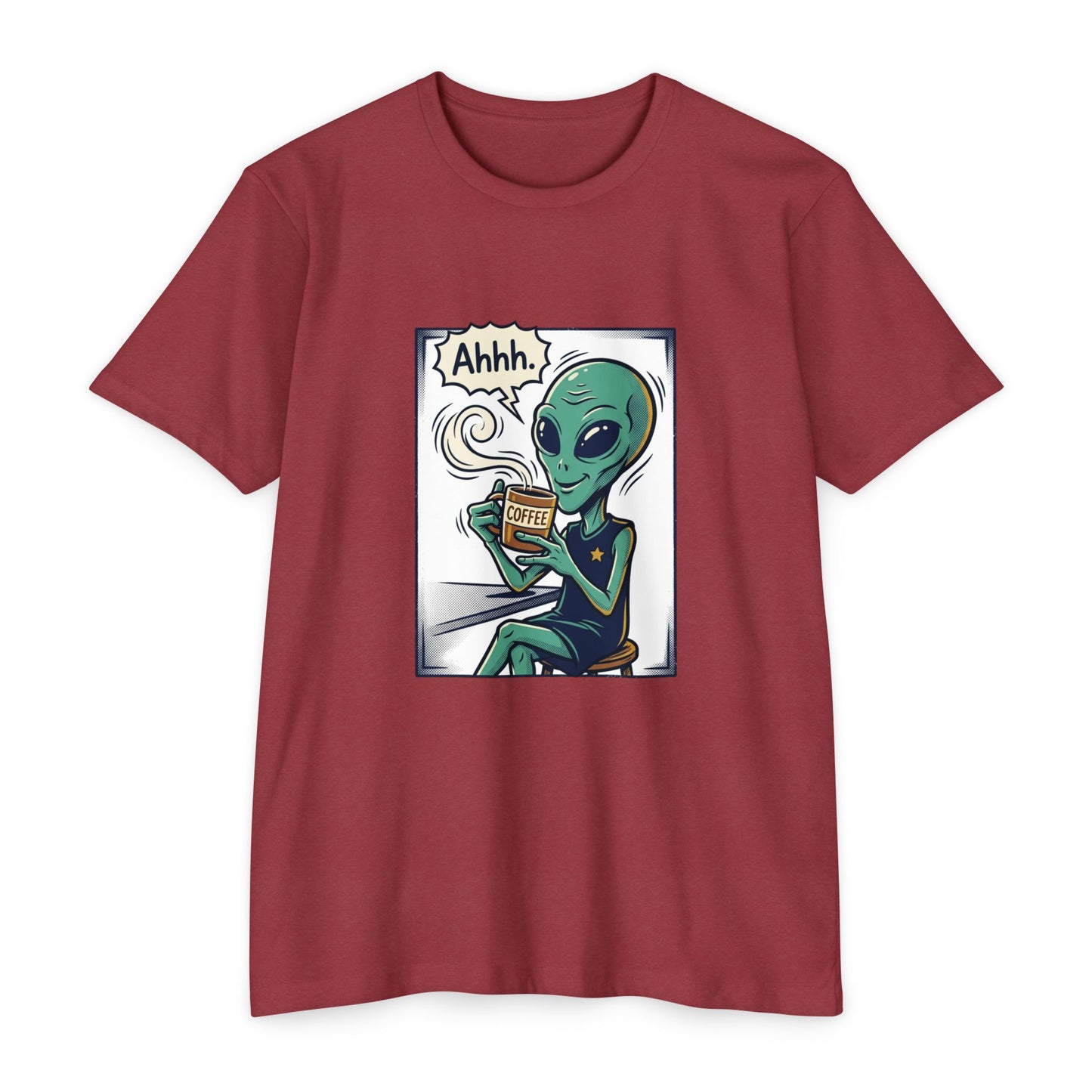 Alien Coffee T-Shirt — "Ahhh" Relaxed Alien Drinking Coffee Graphic Tee