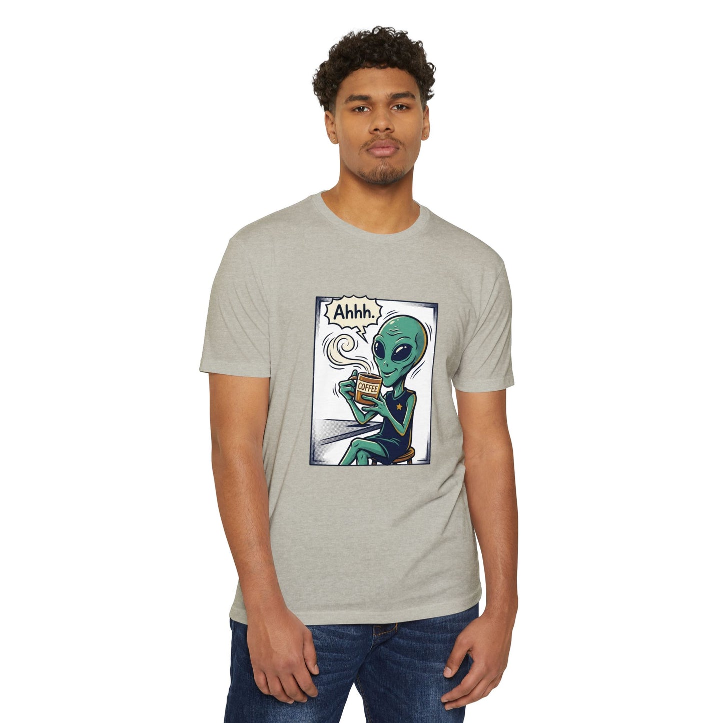 Alien Coffee T-Shirt — "Ahhh" Relaxed Alien Drinking Coffee Graphic Tee