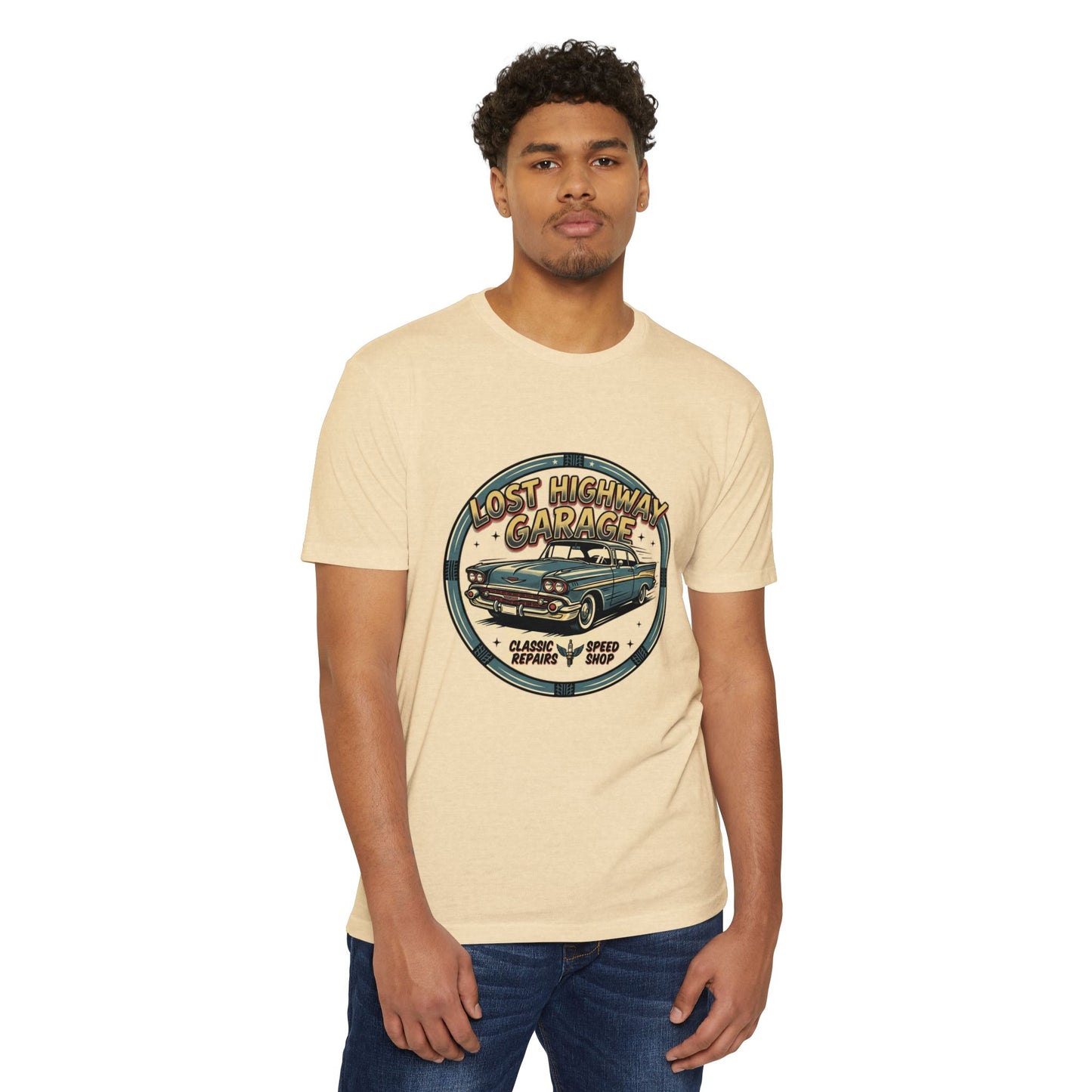 Lost Highway Garage Vintage Car T-Shirt — Classic Auto Emblem Tee