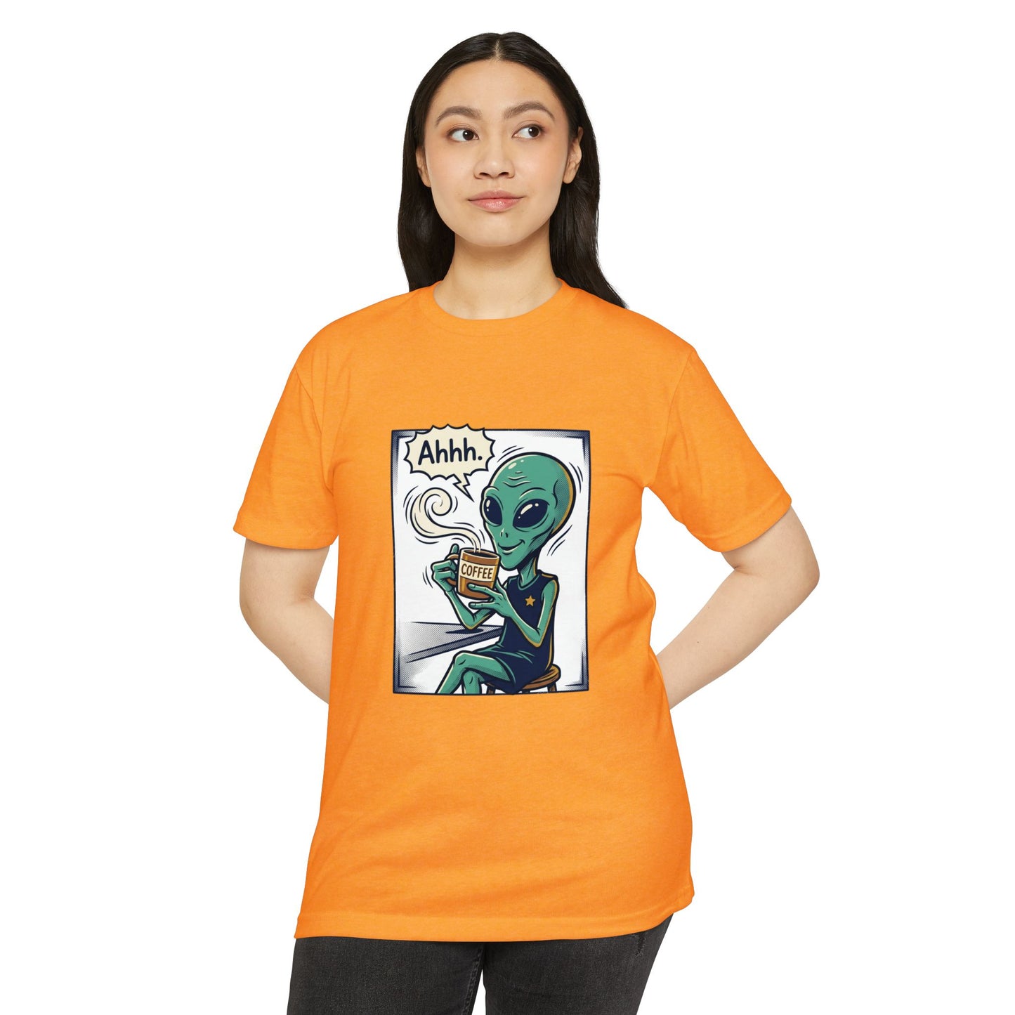 Alien Coffee T-Shirt — "Ahhh" Relaxed Alien Drinking Coffee Graphic Tee
