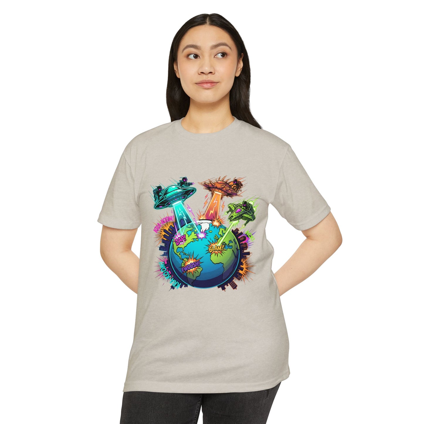 Alien Invasion Earth Graphic T-Shirt — UFOs Abducting Cities Art Tee