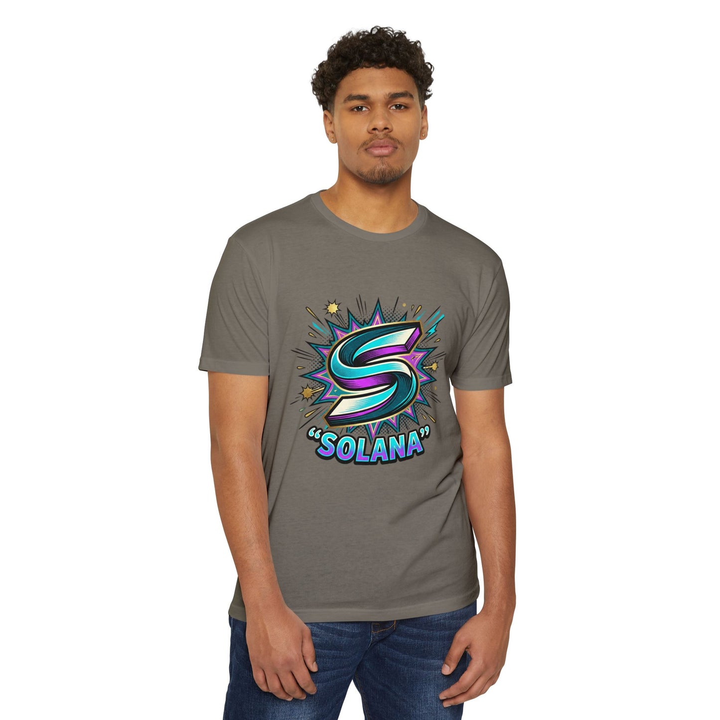 Camiseta com o logotipo Solana Comic — Camiseta Cripto Retrô Gamer