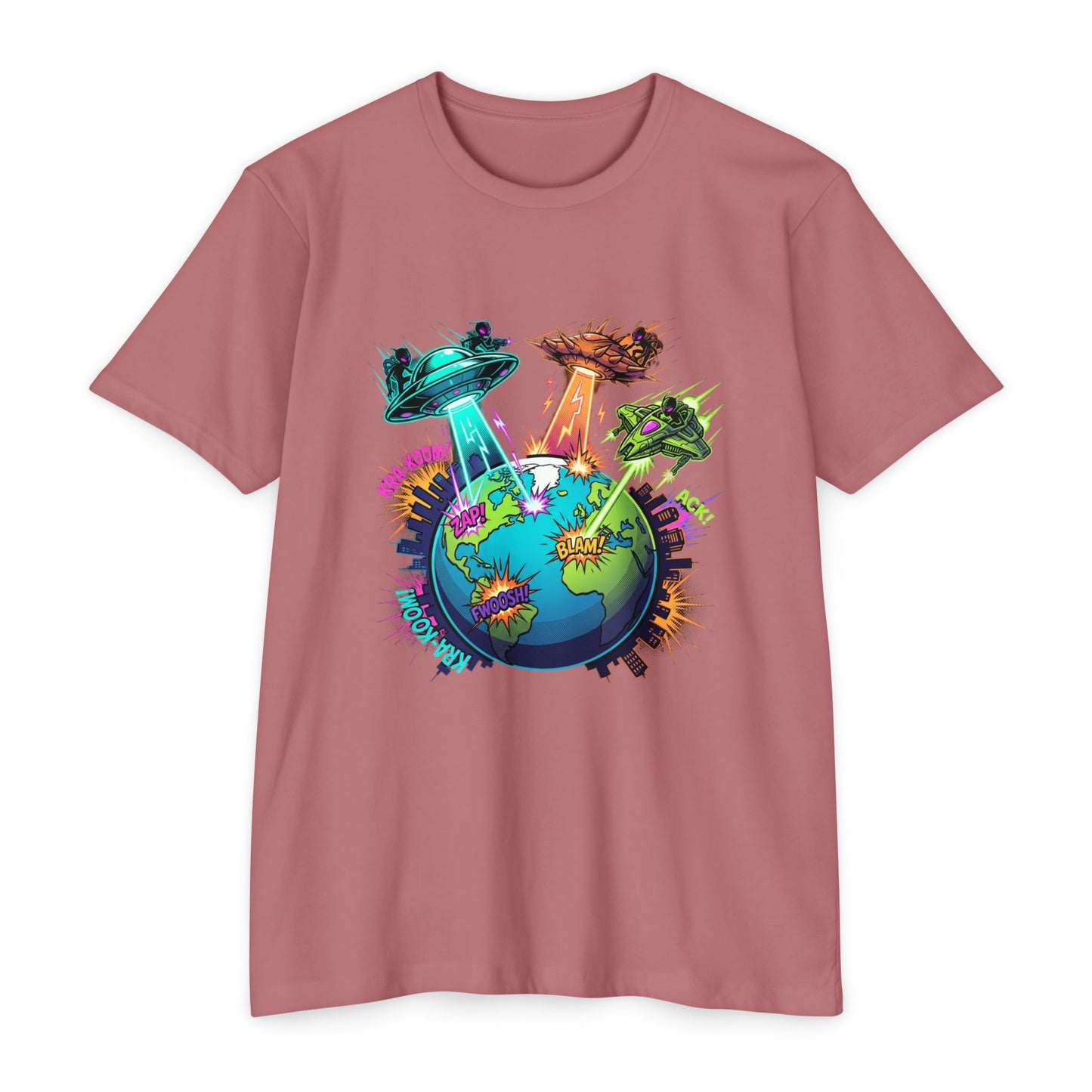 Alien Invasion Earth Graphic T-Shirt — UFOs Abducting Cities Art Tee