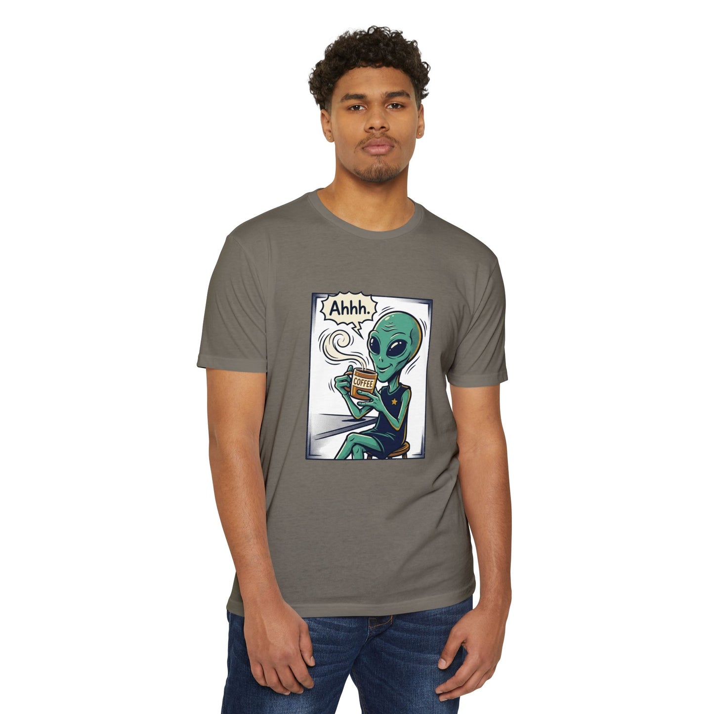 Alien Coffee T-Shirt — "Ahhh" Relaxed Alien Drinking Coffee Graphic Tee