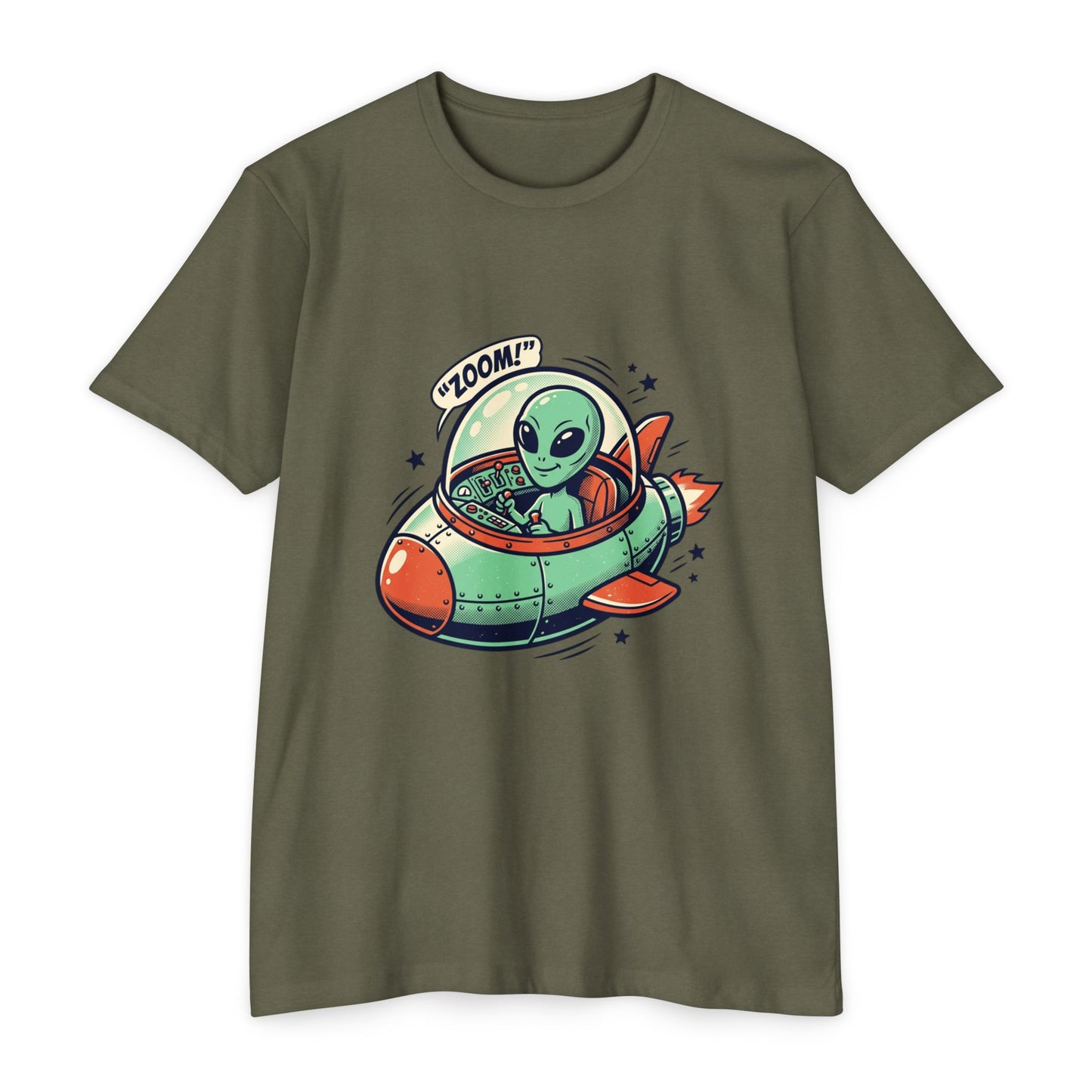 Alien Spaceship T-Shirt — Cute Green Alien Rocket 'Zoom!' Tee