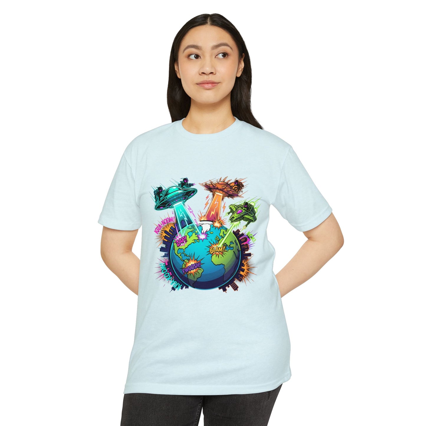 Alien Invasion Earth Graphic T-Shirt — UFOs Abducting Cities Art Tee