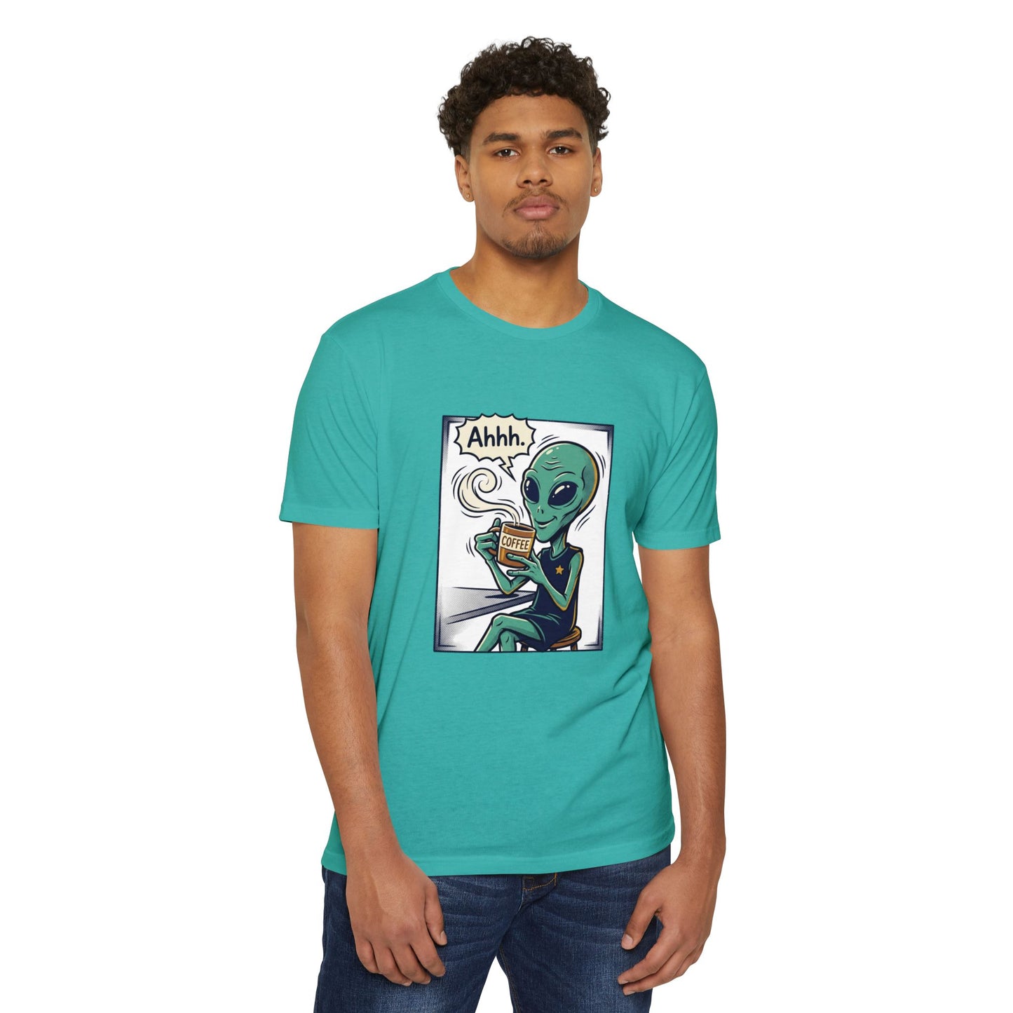 Alien Coffee T-Shirt — "Ahhh" Relaxed Alien Drinking Coffee Graphic Tee