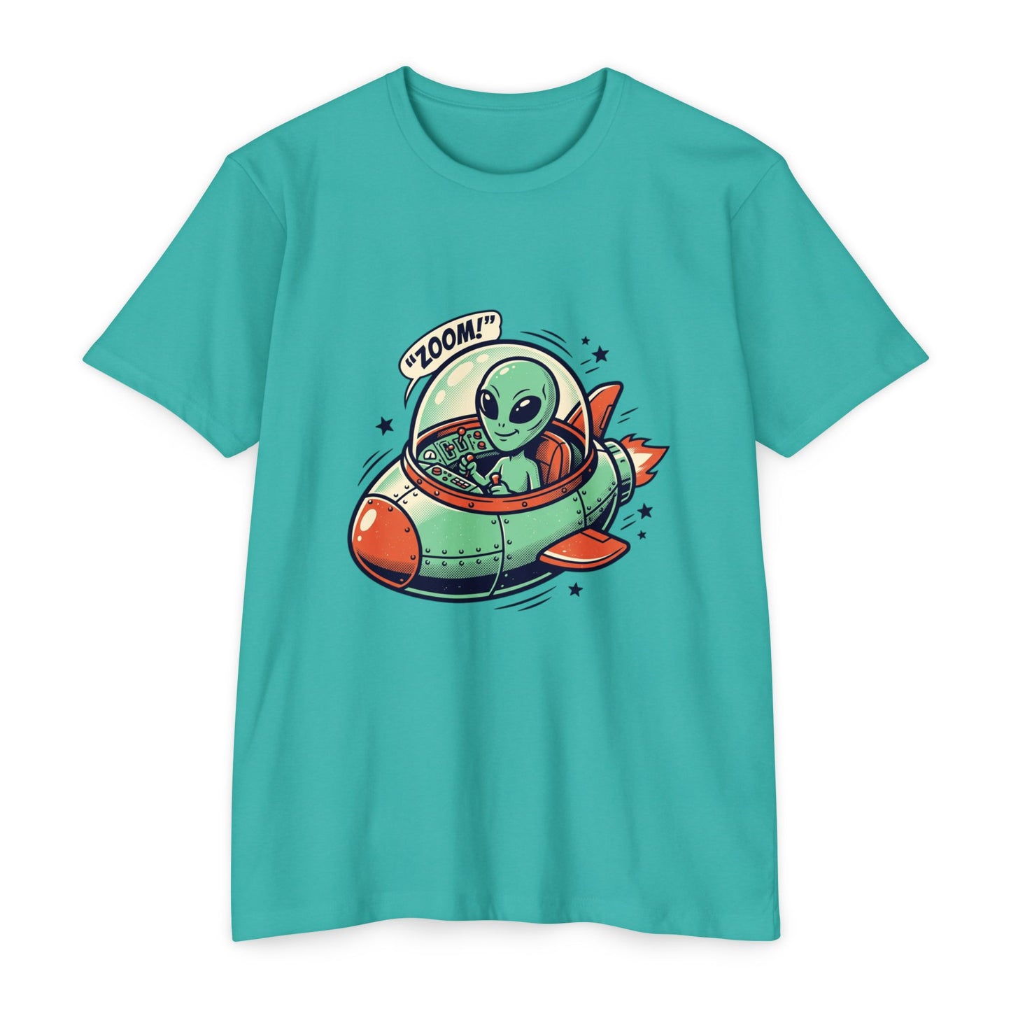 Alien Spaceship T-Shirt — Cute Green Alien Rocket 'Zoom!' Tee