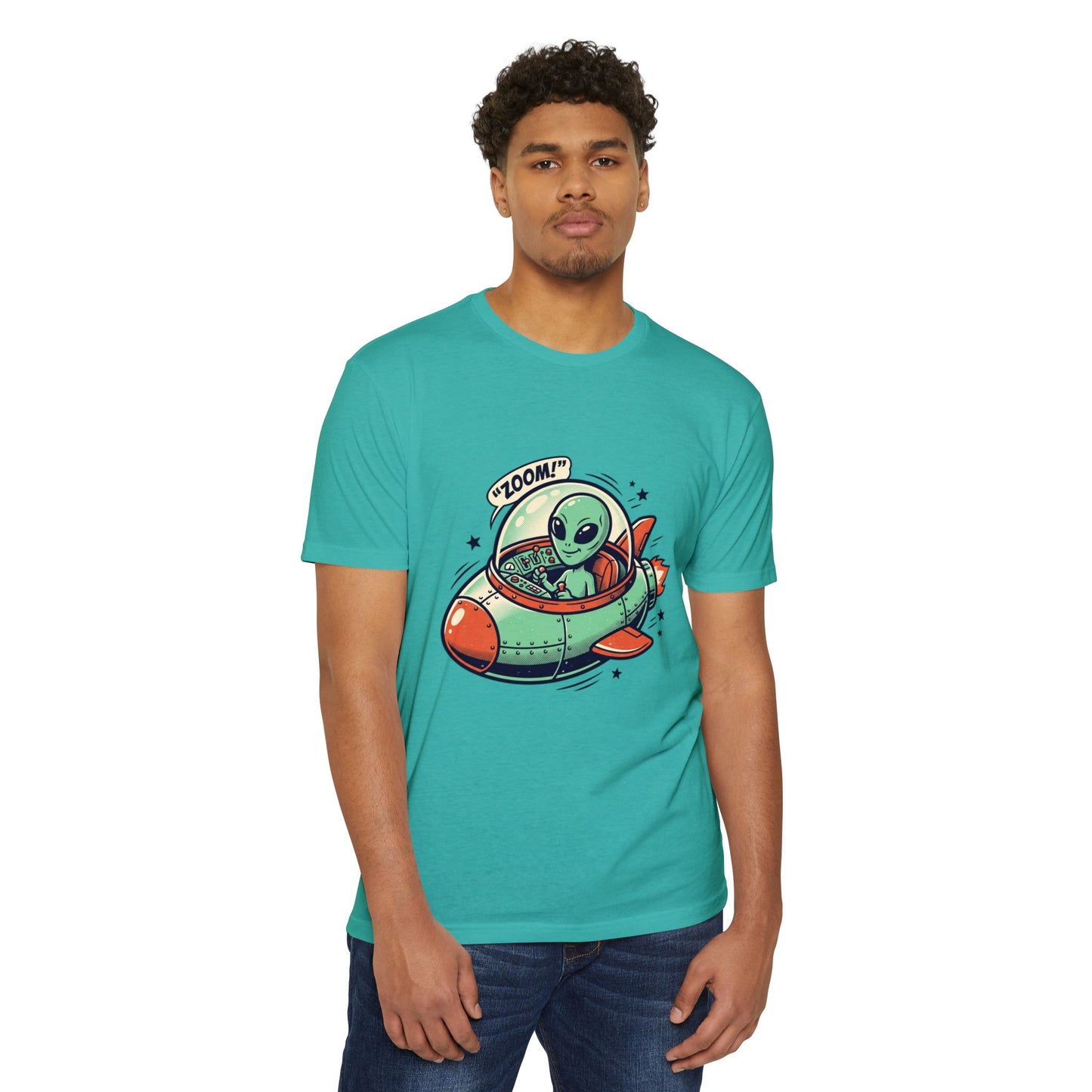 Alien Spaceship T-Shirt — Cute Green Alien Rocket 'Zoom!' Tee
