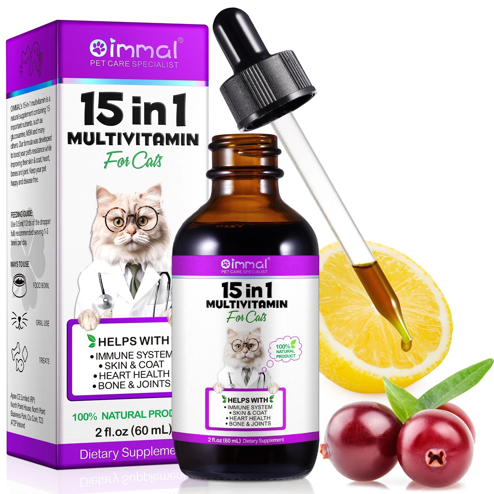 15-in-1 Cat Vitamins and Supplements Liquid Drops for pets, promotes immunity, skin health, and joint wellness.