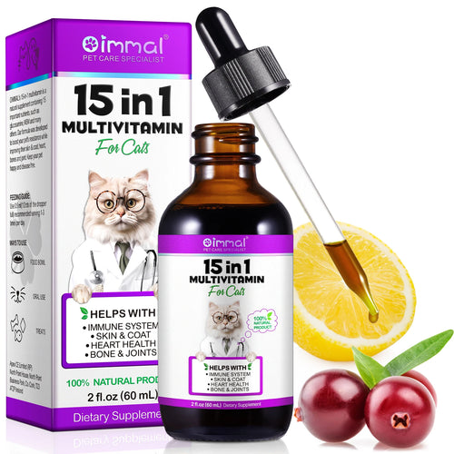 15-in-1 Cat Vitamins and Supplements Liquid Drops for pets, promotes immunity, skin health, and joint wellness.