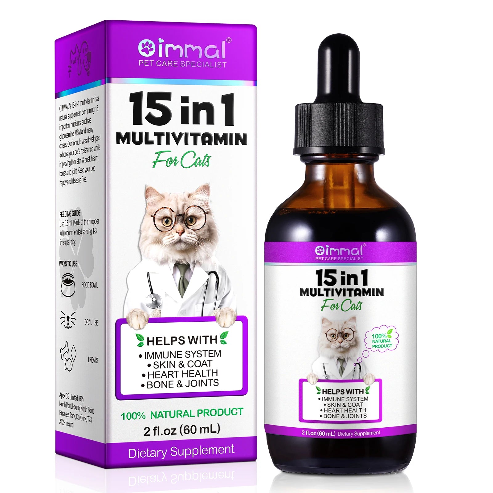 15-in-1 Cat Vitamins and Supplements Liquid Drops for pet with herbal ingredients for skin health and immunity