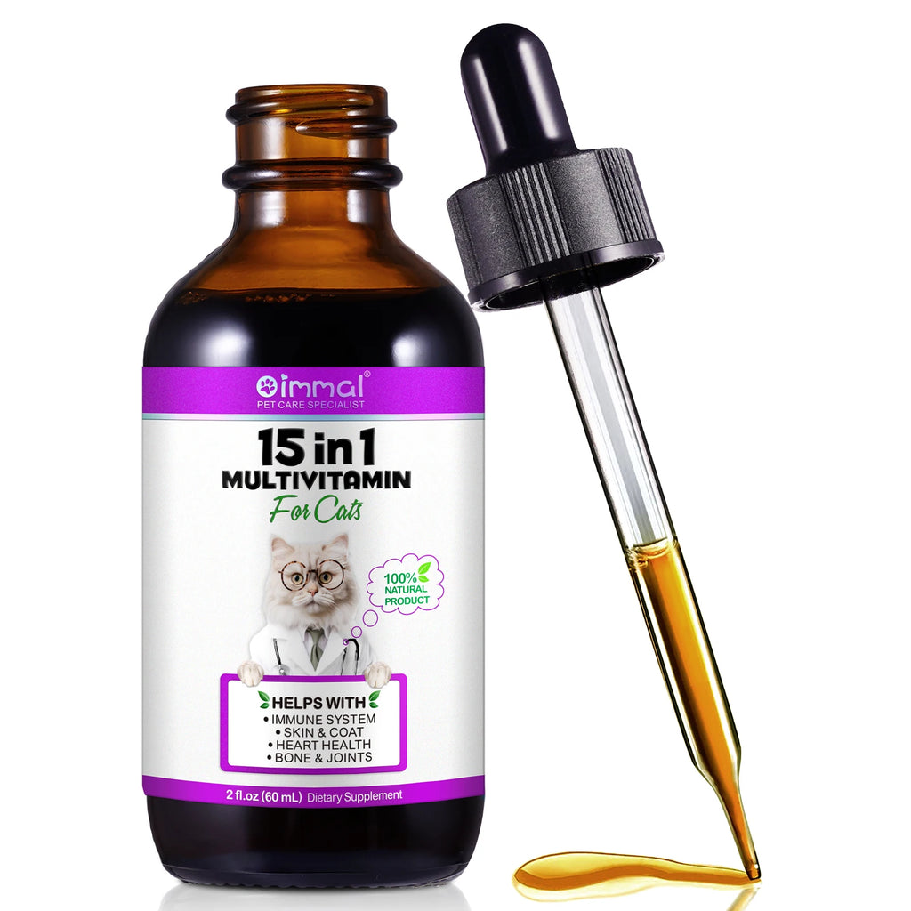15-in-1 Cat Vitamins and Supplements Liquid Drops for pet with herbal ingredients for immunity, skin, and joint health.