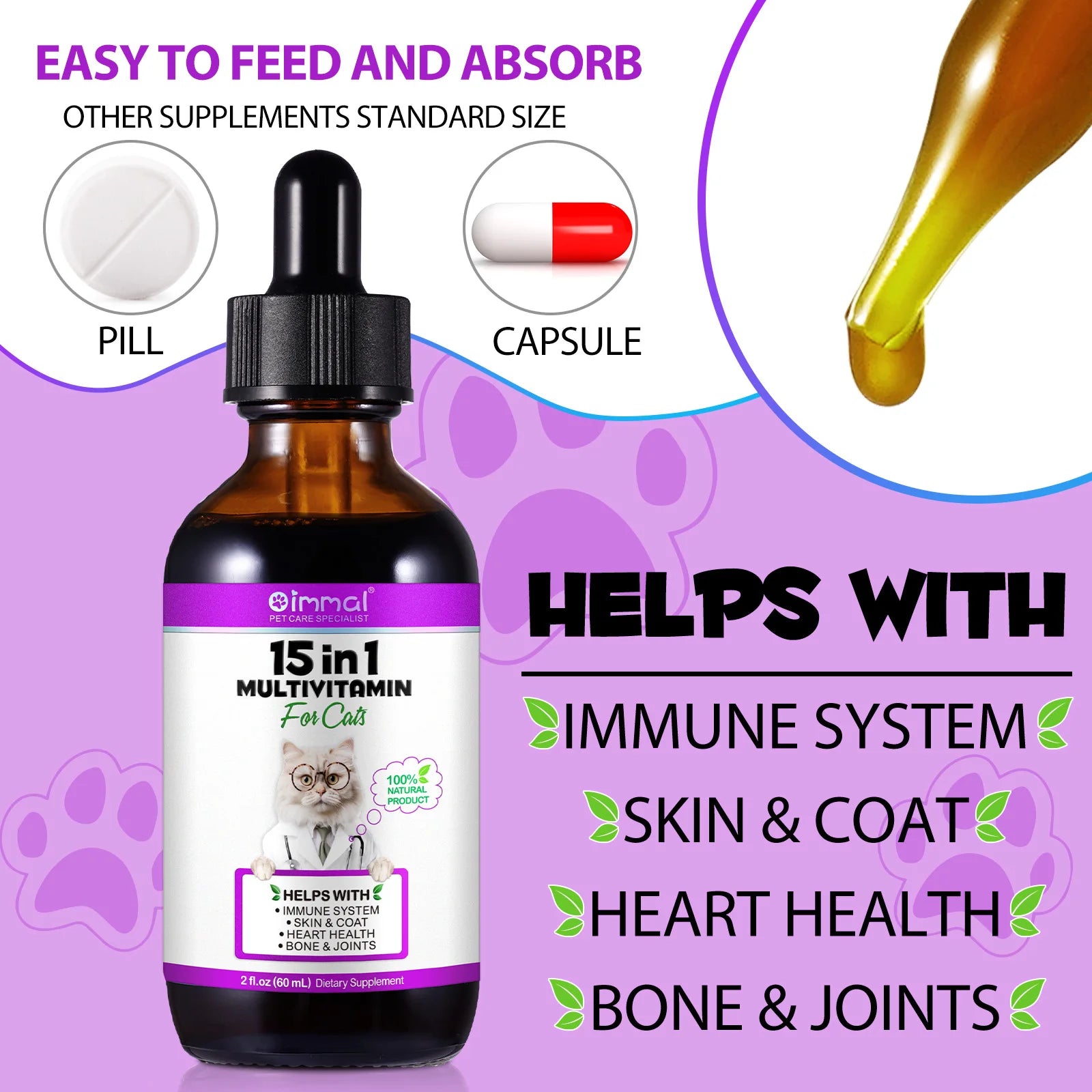 15-in-1 Cat Vitamins and Supplements liquid drops for pet health, boosting skin, joints, and immune system, easy to absorb.