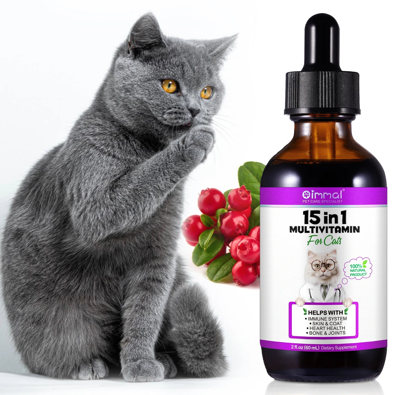 15-in-1 Cat Vitamins and Supplements Liquid Drops for pet support immune system and joint health, herbal ingredients.