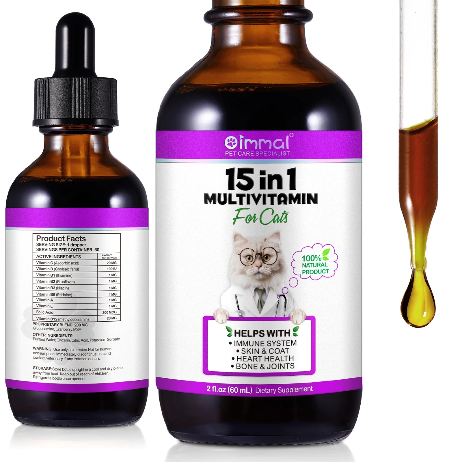 15-in-1 Cat Vitamins and Supplements liquid drops for pets, boosting immunity, skin, coat, bone, and joint health.