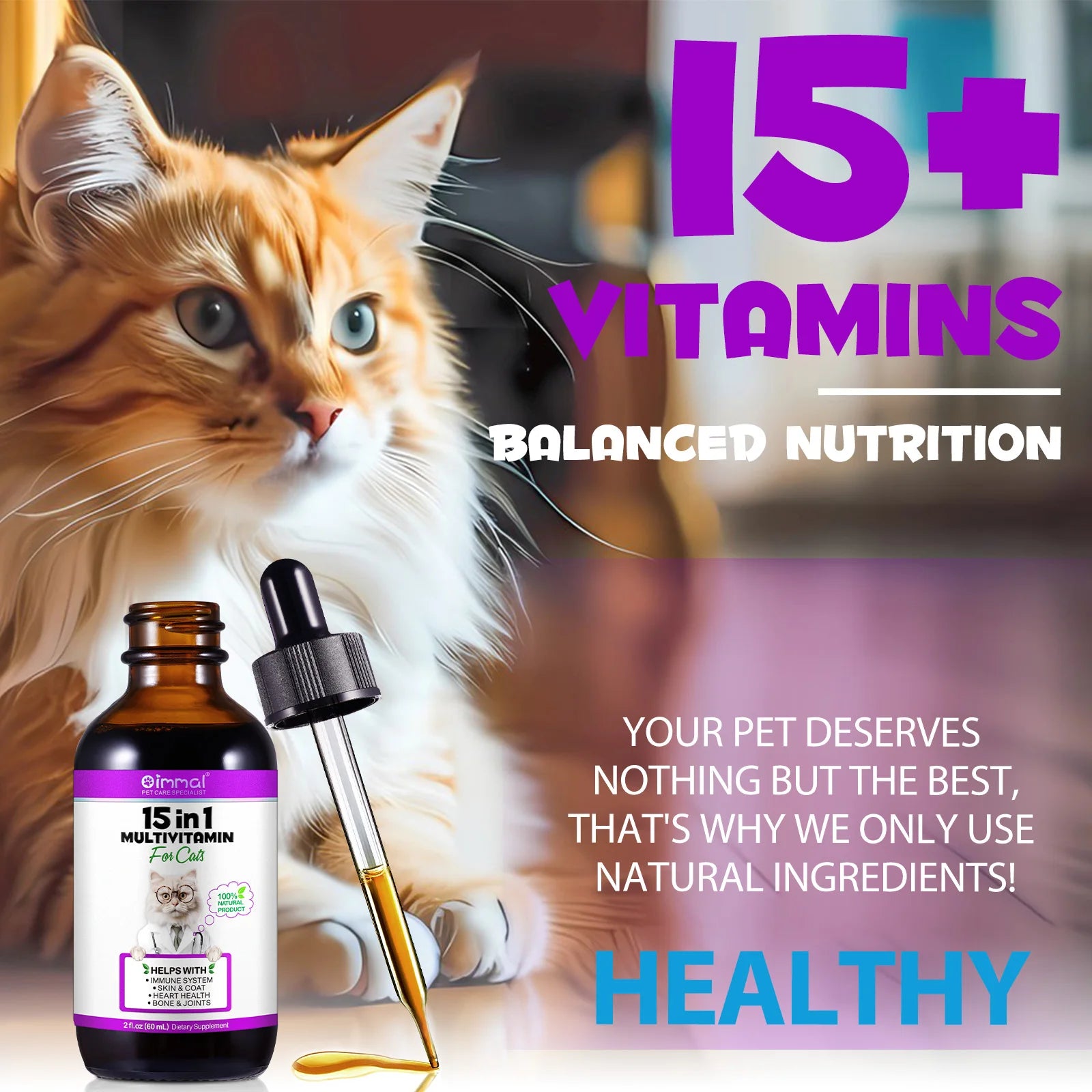15-in-1 Cat Vitamins and Supplements Liquid Drops for pet health with natural ingredients, promoting balanced nutrition and immunity.