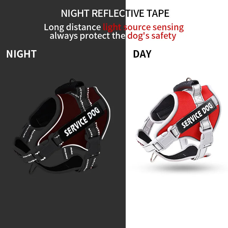 Service dog vest harness with night reflective tape for safety, suitable for pet walking during day and night.