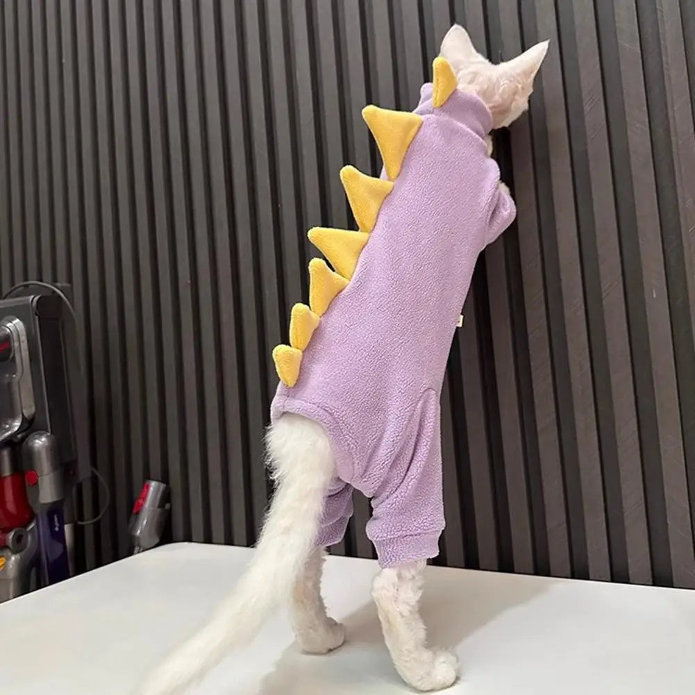 Cat Clothes Dinosaur Shape Winter Sphynx Cat Pajamas Costume Fleece Warm Cat Jacket For Indoor Hairless Cats Halloween Party