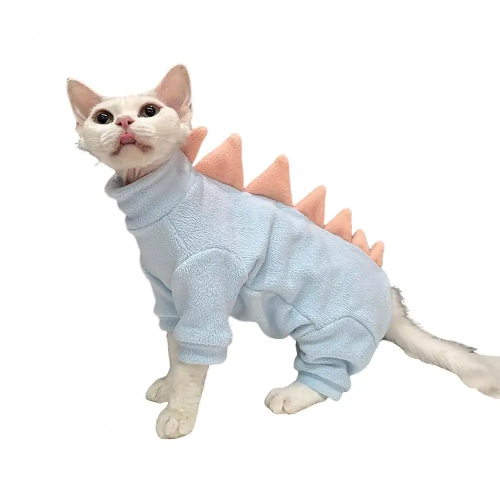 Cat Clothes Dinosaur Shape Winter Sphynx Cat Pajamas Costume Fleece Warm Cat Jacket For Indoor Hairless Cats Halloween Party