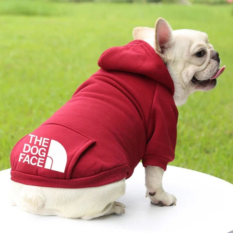 Winter dog hoodie sweatshirt jacket for pet Chihuahuas and Bulldogs in red color, perfect for autumn and warm fashion.