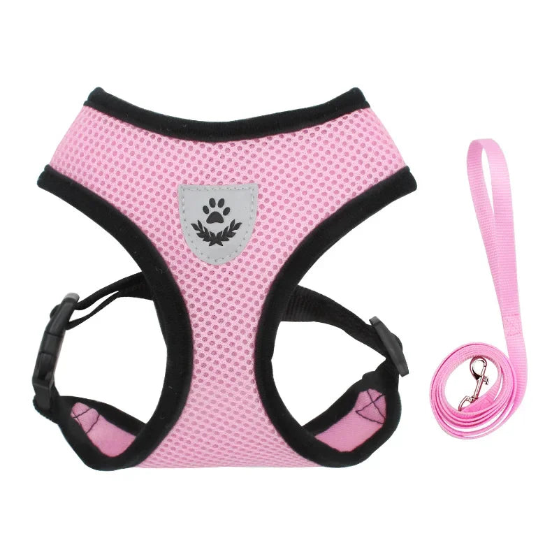 Adjustable summer cat dog harness in pink mesh with leash, breathable and reflective for small pets.