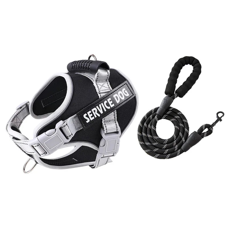 Service dog chest harness and leash for large pets, no pull design, suitable for walking and preventing loss.