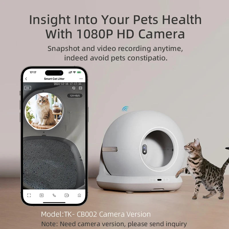 Pet health monitoring with 1080P HD camera in self-cleaning cat litter box for a cleaner home.
