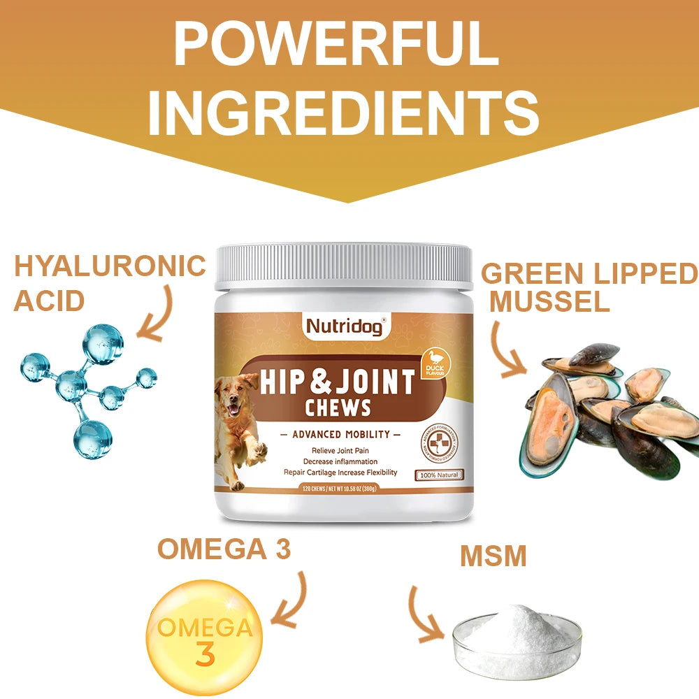 Hip and Joint Supplement for Dogs with Glucosamine, Chondroitin & MSM - Duck Flavor Joint Care Chews(Duck)