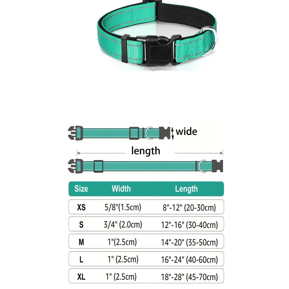 Dog Collar Nylon Soft Padded Adjustable Breathable Durable Comfortable Reflective Pet Collar for Small Medium Large Dog Bone Tag