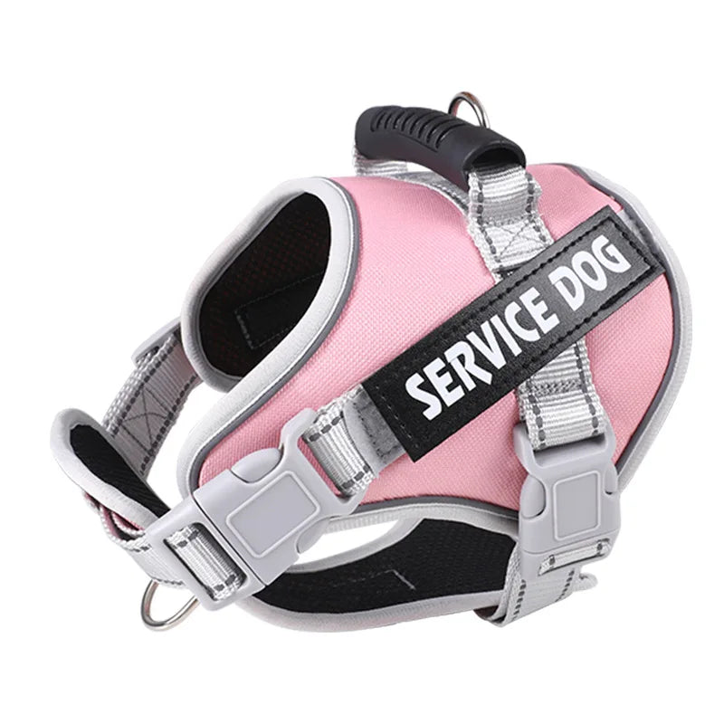 No pull service dog chest harness in pink color with adjustable buckles for large pets.