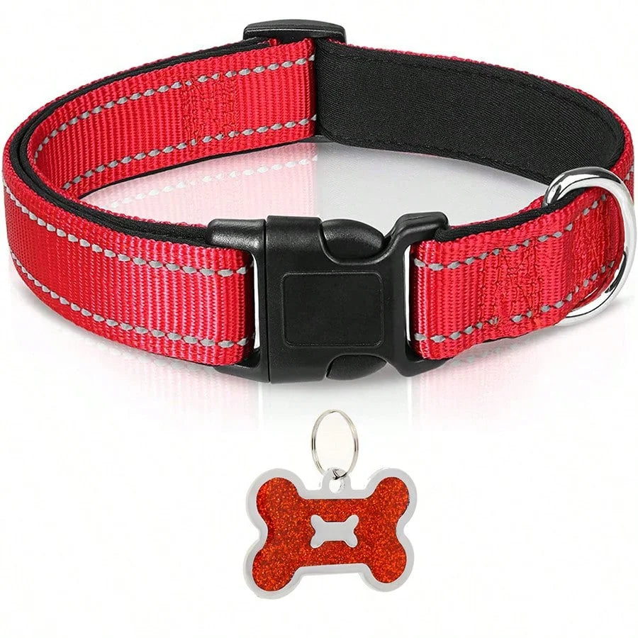 Dog Collar Nylon Soft Padded Adjustable Breathable Durable Comfortable Reflective Pet Collar for Small Medium Large Dog Bone Tag