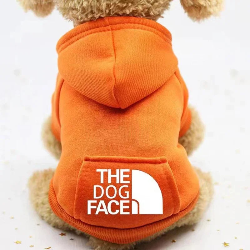 Orange pet hoodie featuring 'THE DOG FACE' logo, perfect for stylish dogs during autumn or winter.