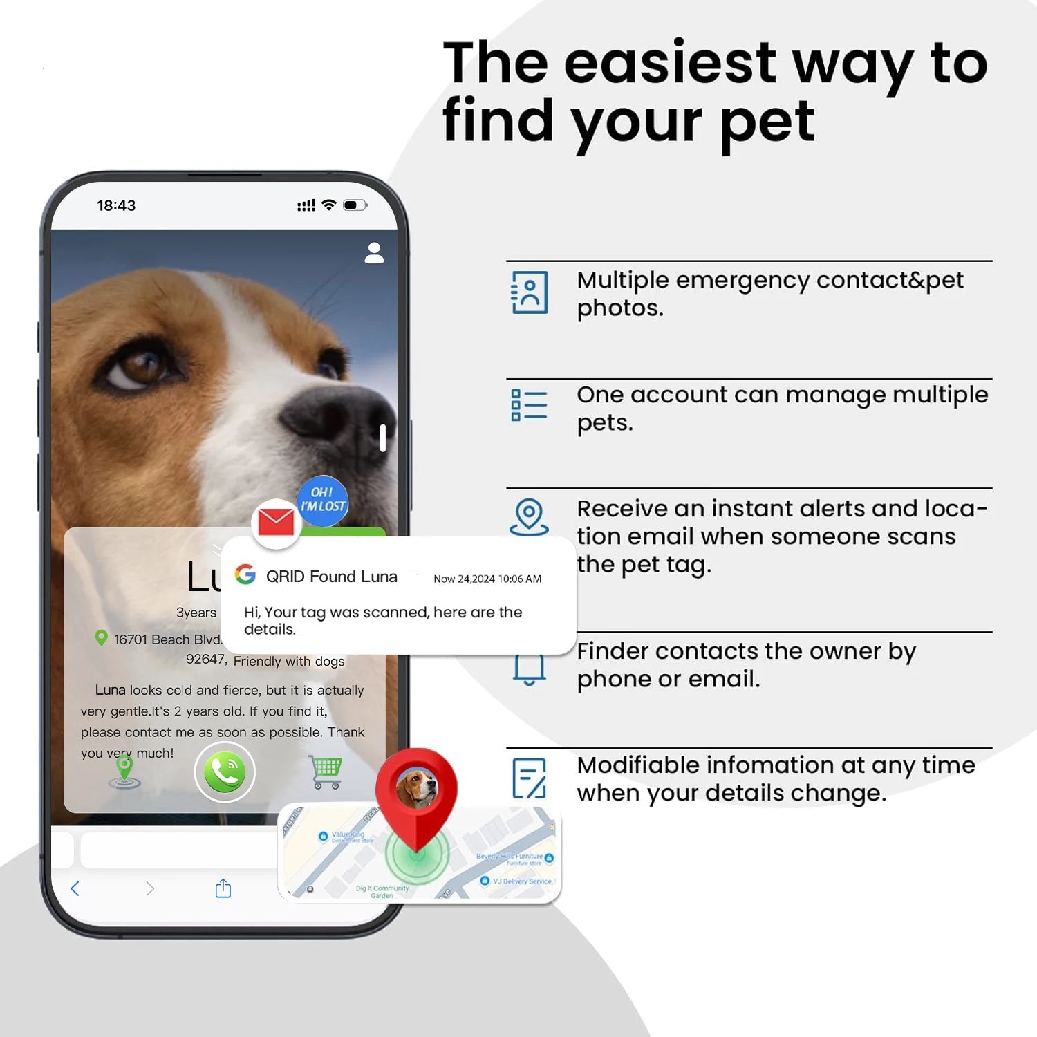 Metal Pet Tag, Easy-to-use Dog Tag with QR Code, Real-time Scan Alerts, Update Record Pet Profile, No Subscription or Fees