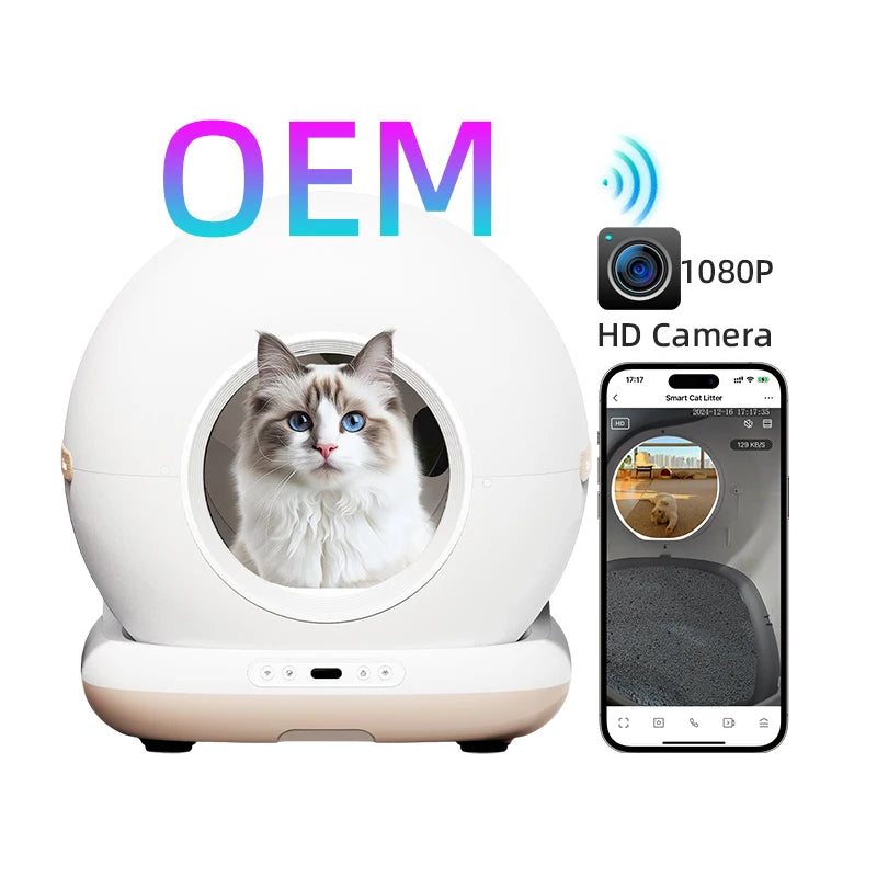 OEM automatic self-cleaning cat toilet robot with 1080P camera and Tuya APP control for pets.
