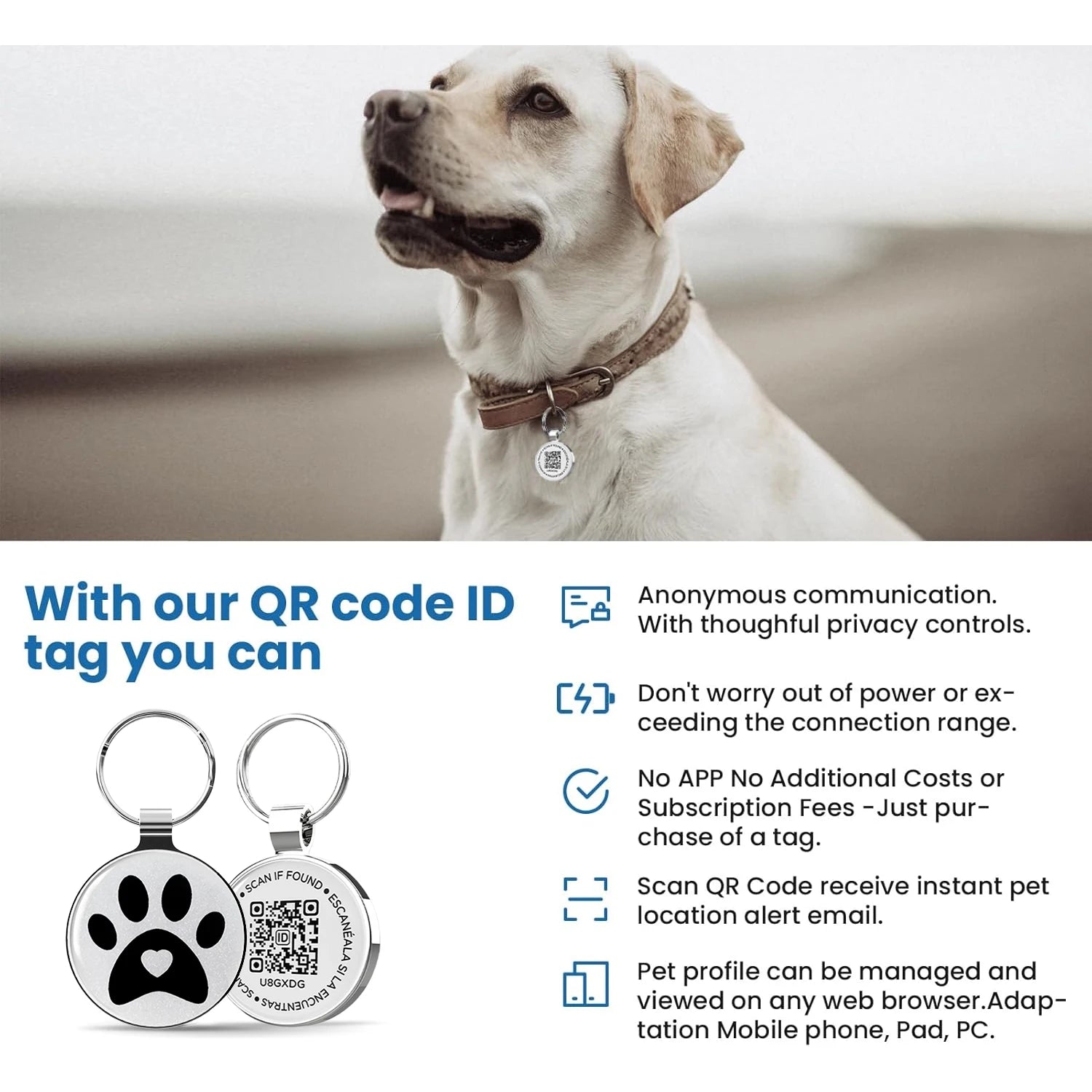 Metal Pet Tag, Easy-to-use Dog Tag with QR Code, Real-time Scan Alerts, Update Record Pet Profile, No Subscription or Fees