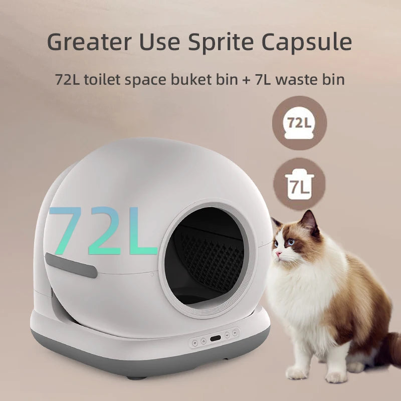 Automatic self-cleaning cat litter box with 72L capacity for hassle-free pet care.