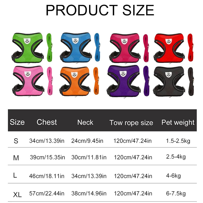 Product size chart for adjustable summer cat dog harness showcasing various sizes and colors.