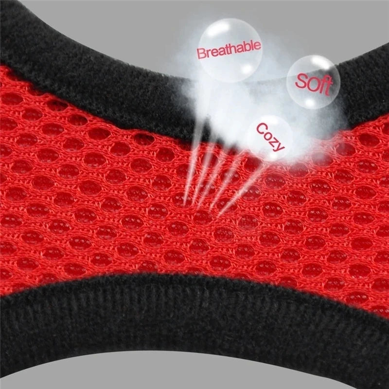 Close-up of breathable and soft mesh fabric in adjustable summer cat dog harness, showcasing cozy comfort for pets.