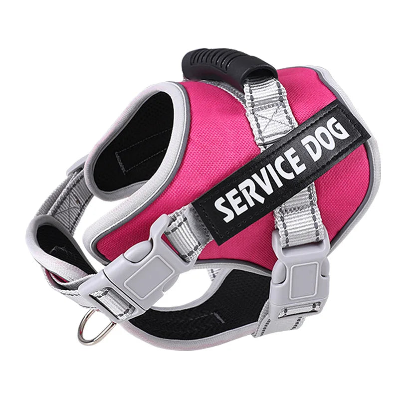 Service Dog chest harness in pink with silver accents for large pet. No pull design for better control and comfort during walks.