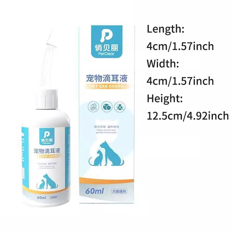 PetClear Dog Cat Ear Drops Pet Ear Cleaner Dog Earwax Clean Dog Cat Ear Odor Mites Cleaning Ear Otitis Ear Itch Prevention 60ml